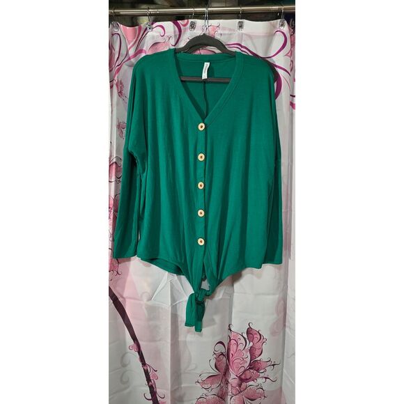 NWOT Zenana Premium Large Green Button Blouse with Waist Tie - Picture 1 of 6
